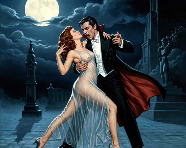 Vampire Dance Under Full Moon with Gothic Backdrop
