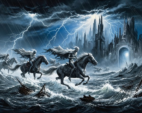 Cloaked Figures on Horses in Stormy Seascape Scene