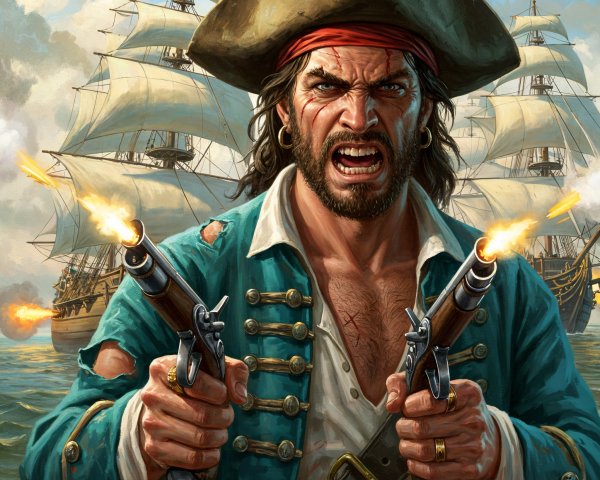 Fierce Pirate with Flintlock Pistols and Ocean Background