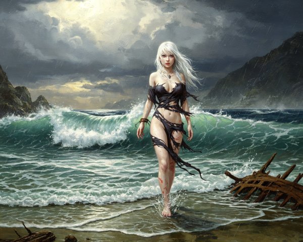 Mysterious figure in stormy waves and rocky cliffs