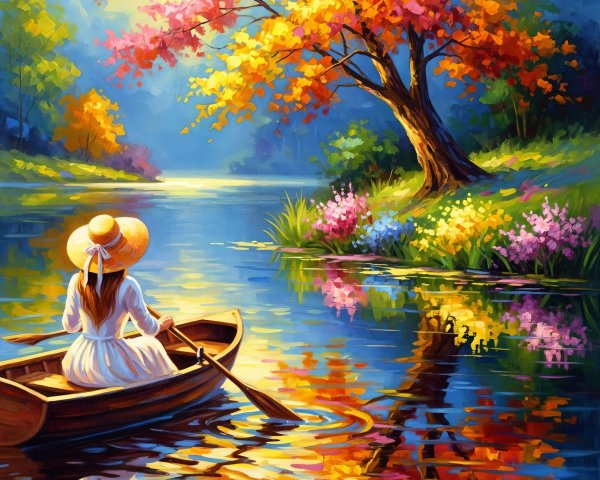 Woman in White Dress Paddling on Tranquil River