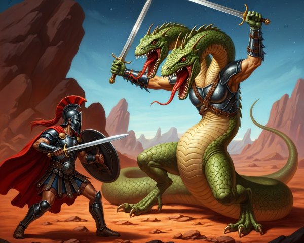 Battle Scene of Warrior and Three-Headed Serpent