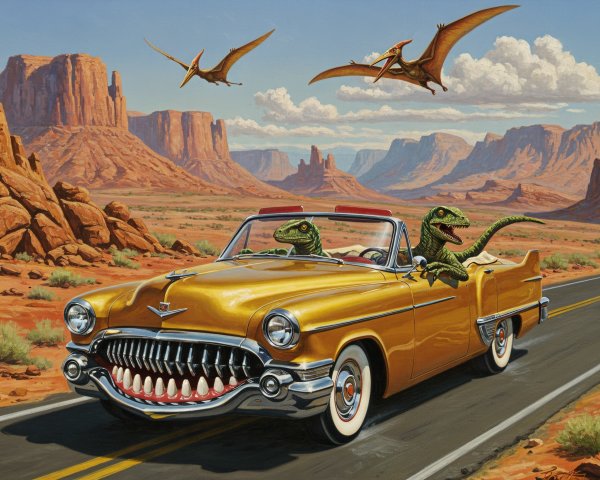Yellow Convertible with Dinosaurs in Desert Landscape
