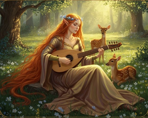 Woman Playing Lute in Serene Forest with Fawns