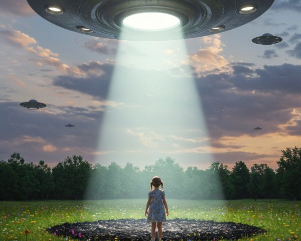 Young Girl in Wildflower Field Under Hovering UFO