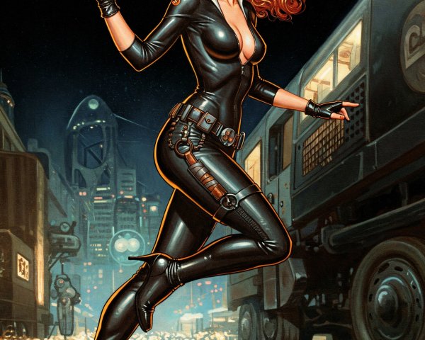 Confident Woman in Black Bodysuit with Pistol at Night