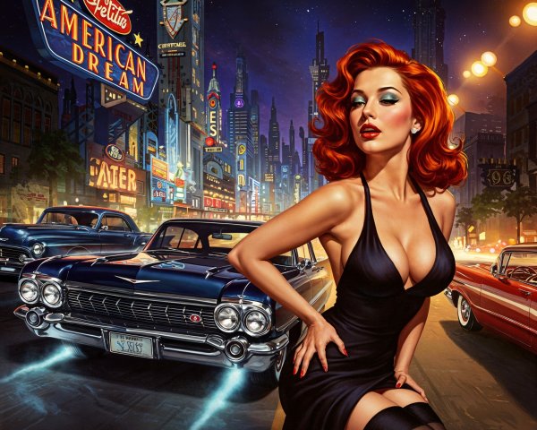 Glamorous Woman in Black Dress with Neon City Lights