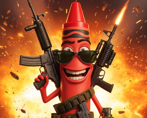 Cartoon Red Crayon Character with Guns in Fire Scene