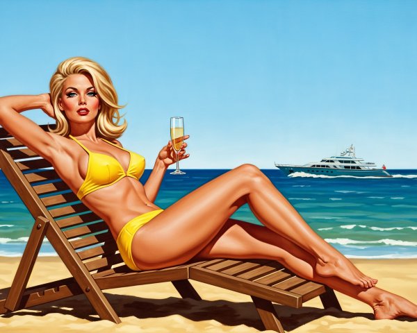 Glamorous Woman in Yellow Bikini on Beach Chair