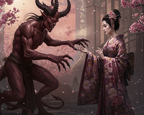 Demon and Woman in Cherry Blossom Setting