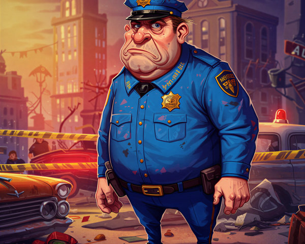 Cartoonish Police Officer in Post-Apocalyptic City
