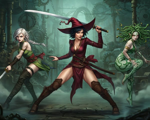 Three Female Warriors in an Industrial Fantasy Setting