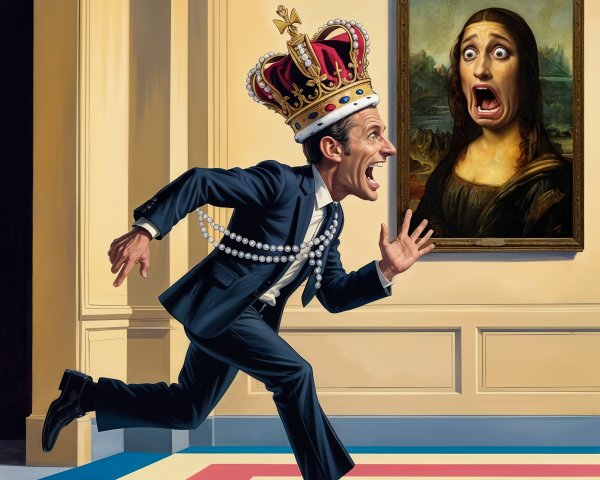 Man in Suit with Crown in Whimsical Art Gallery