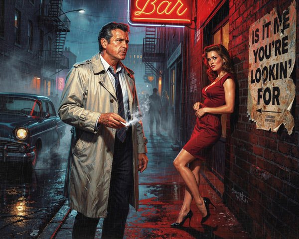 Detective in Trench Coat on Rainy Night Street Scene