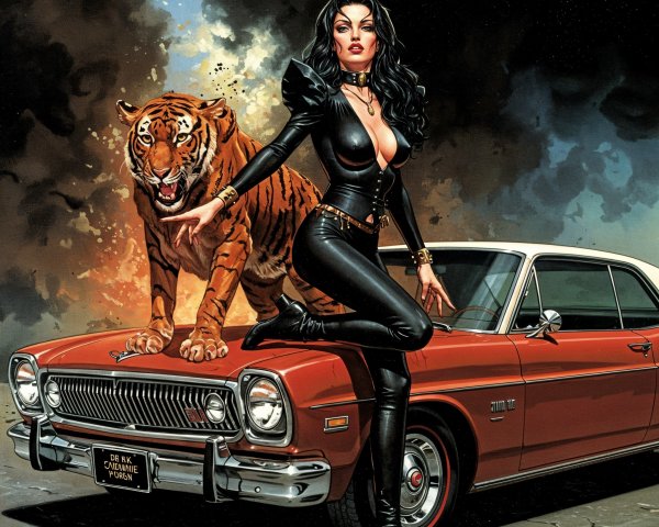 Glamorous woman and tiger near vintage car explosion
