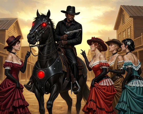 Mysterious Cowboy with Saloon Girls in Digital Art