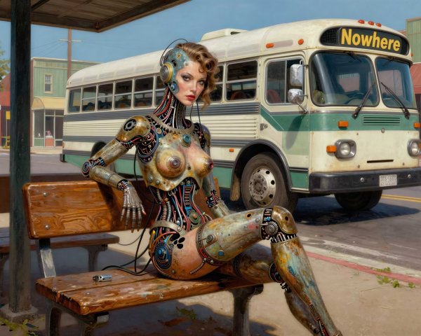 Retro-futuristic robot at bus stop on sunny day