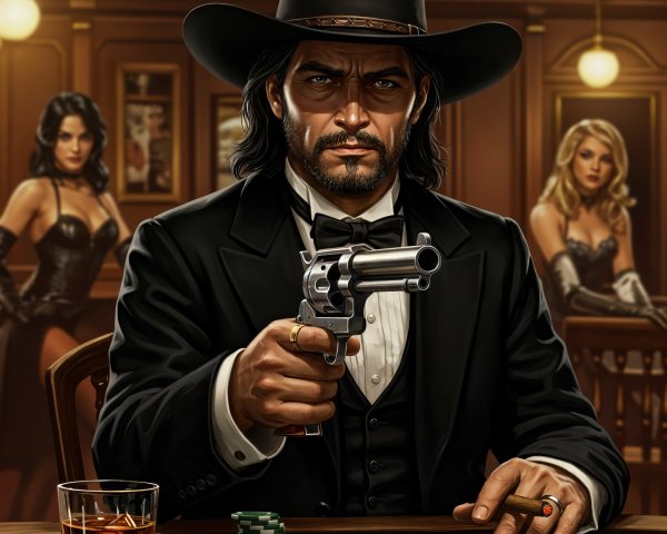 Rugged Man at Poker Table in Dim Casino Setting