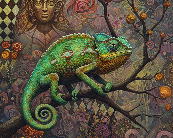 Chameleon on Branch with Roses and Mystical Figure