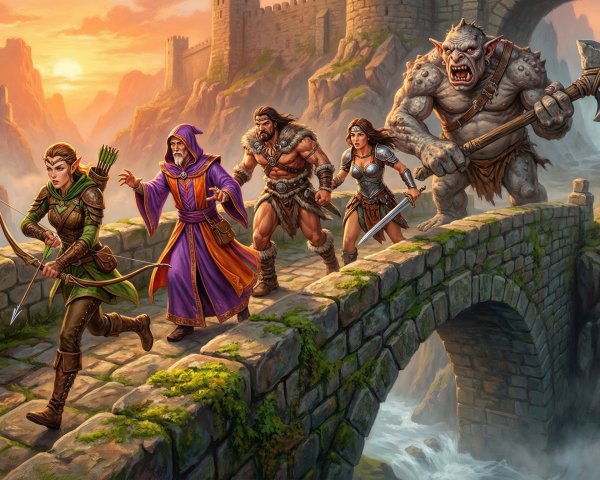 Diverse Fantasy Adventurers Fleeing a Troll on Bridge