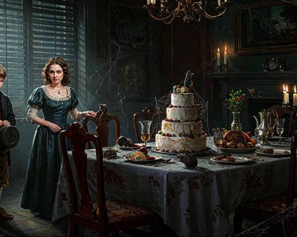 Gothic Dining Room Scene with Boy and Woman in Blue