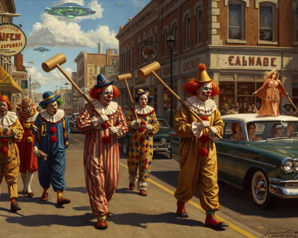 Cheerful Clowns in Colorful Costumes on Town Street