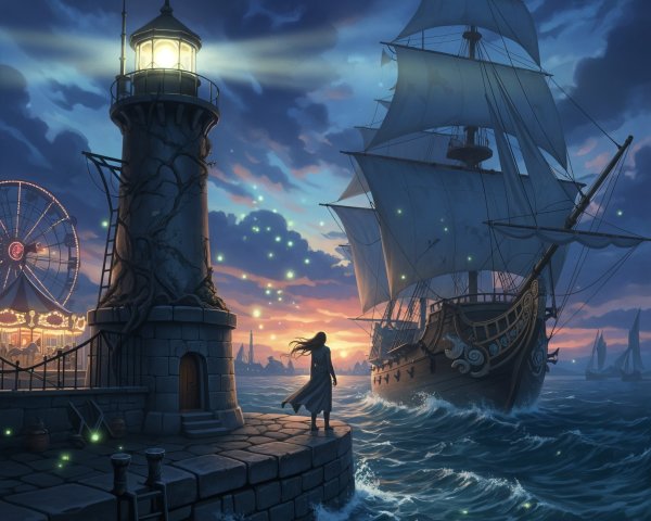 Serene Coastal Harbor at Dusk with Lighthouse and Ship