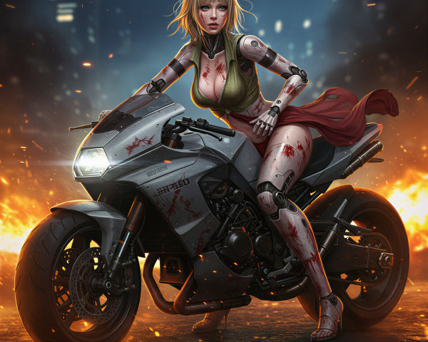 Futuristic Cybernetic Woman on Modern Motorcycle