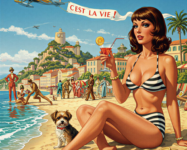 Retro Beach Scene with Woman, Dog, and Biplane