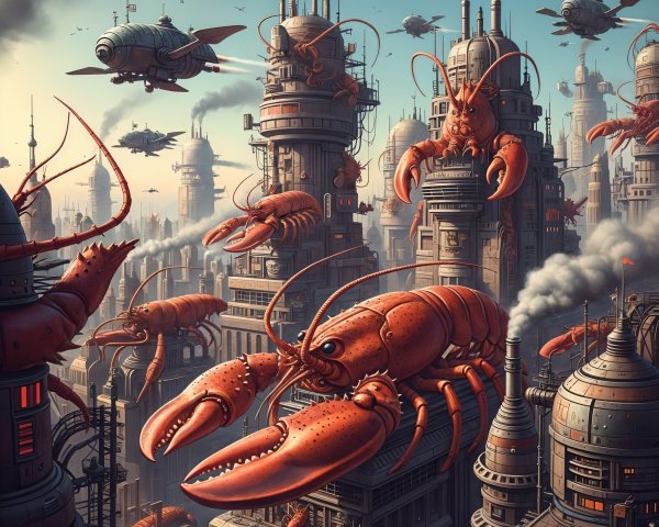 Surreal Cityscape with Mechanical Red Lobsters