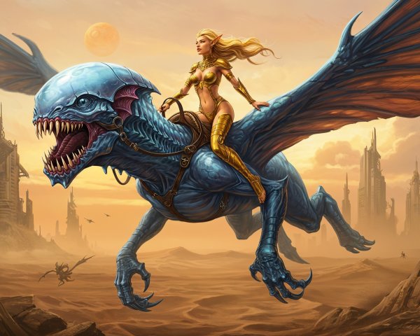 Fierce Woman in Golden Armor Rides Dragon-like Creature