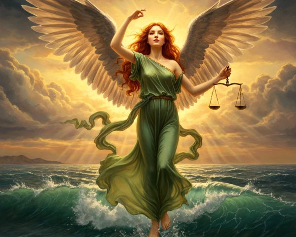 Majestic angel with scales above turbulent waves
