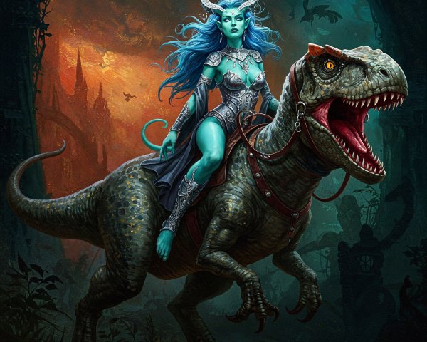 Blue-skinned warrior on dinosaur in mystical forest