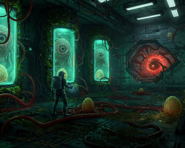 Astronaut in Sci-Fi Lab with Glowing Organisms and Vines