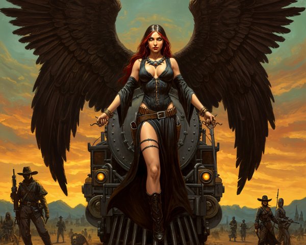 Fierce Woman with Black Wings and Steam Train Scene