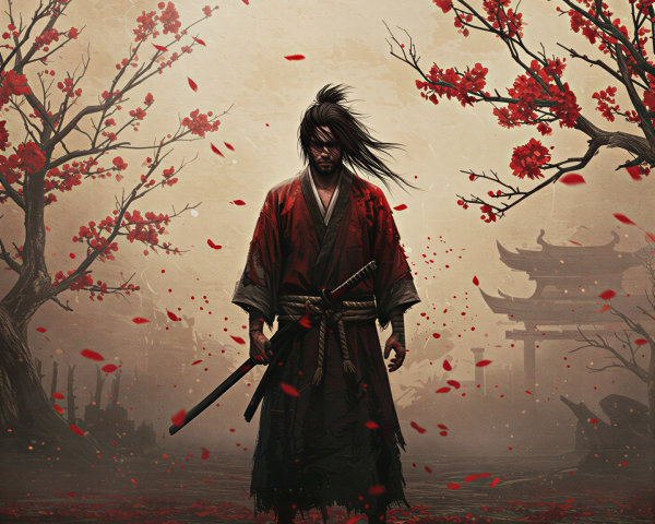Lone Samurai in Cherry Blossom Landscape at Sunset