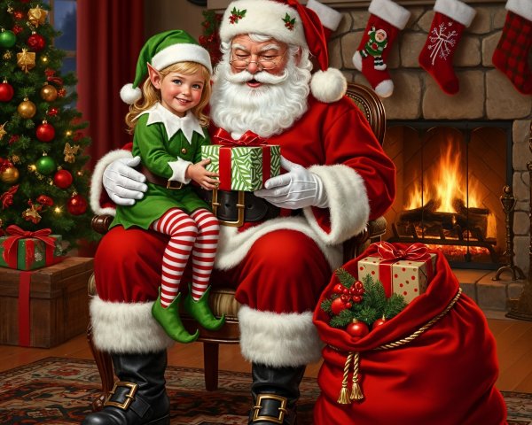 Santa Claus and Elf in a Festive Christmas Setting