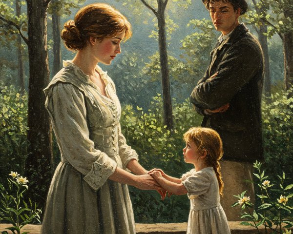 Serene Forest Scene with Woman, Girl, and Young Man