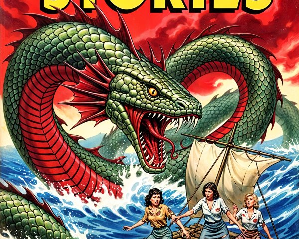 Comic Book Cover with Women, Dragon, and Waves