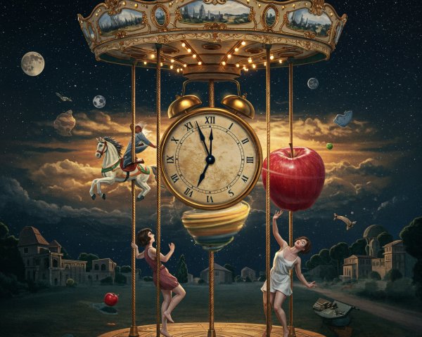 Whimsical carousel with clock, horses, and dancing women