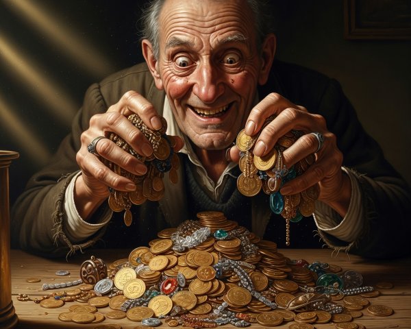Elderly Man Sifting Through Gold Coins and Jewels