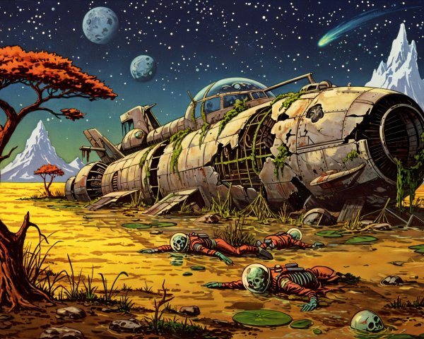 Derelict Spaceship in Alien Landscape with Skeletons
