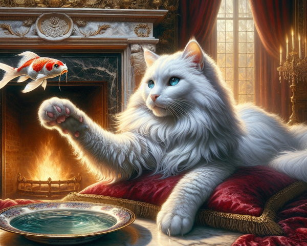 Regal White Cat and Colorful Goldfish in Elegant Room