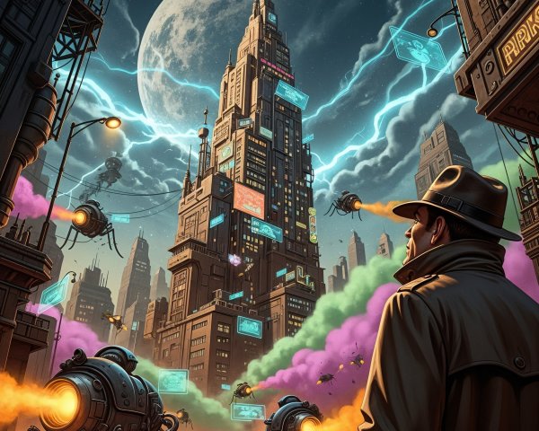 Futuristic cityscape with neon skyscraper and drones