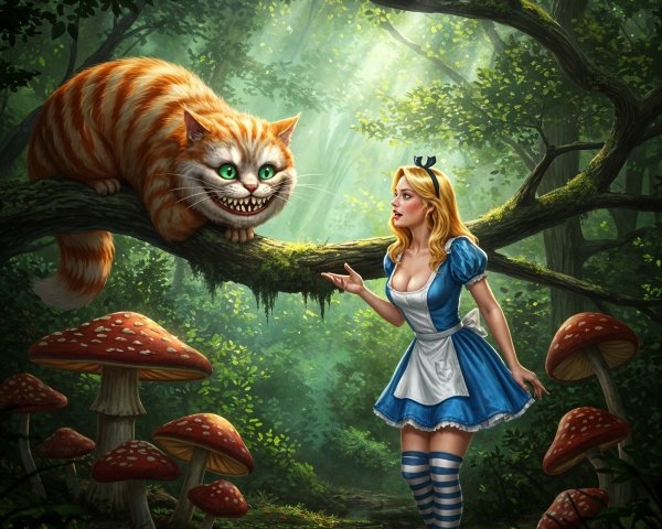 Whimsical Forest Scene with Girl and Cheshire Cat