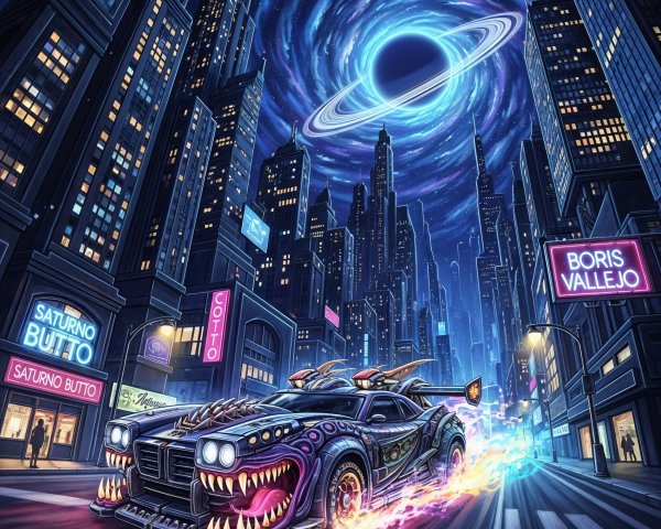 Futuristic cityscape with neon signs and cosmic features