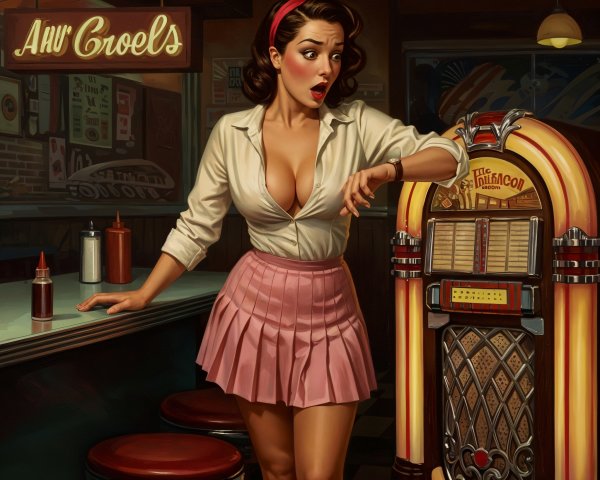 Retro Diner Scene with Woman by Jukebox and Neon Lights