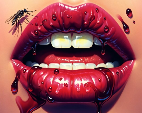 Close-up of Glossy Red Lips with Dark Liquid and Mosquito