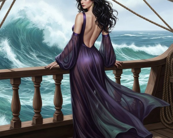 Woman in Purple Gown on Ship Facing Turbulent Waves