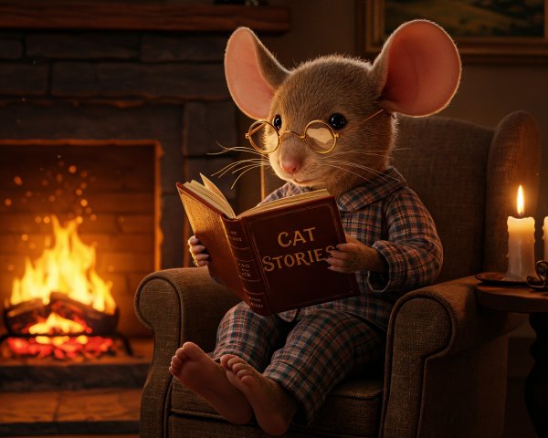 Mouse in Glasses Reading by the Fireplace